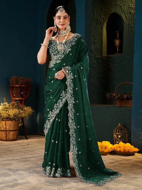 Vasthrlay Scalloped Embroidery Unstitched Rani Pink Saree