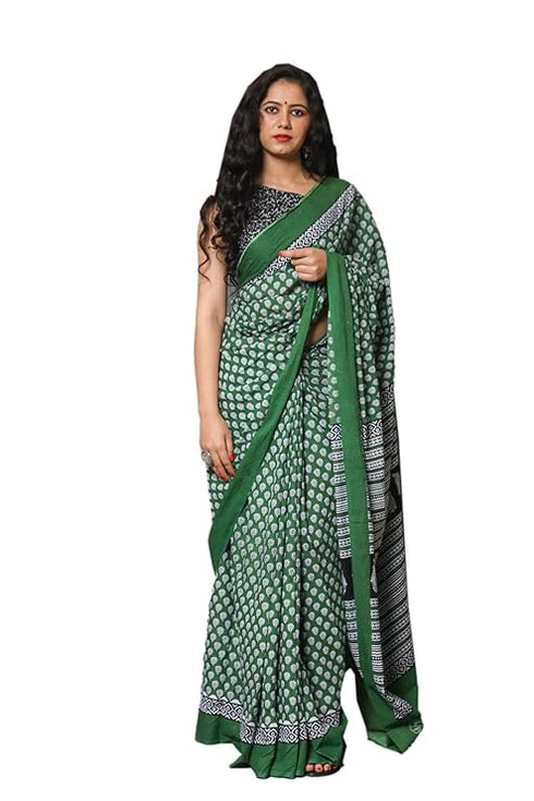 Jalther Handicrafts Women'S Ikat Hand Block Print Jaipuri Cotton Mulmul Saree