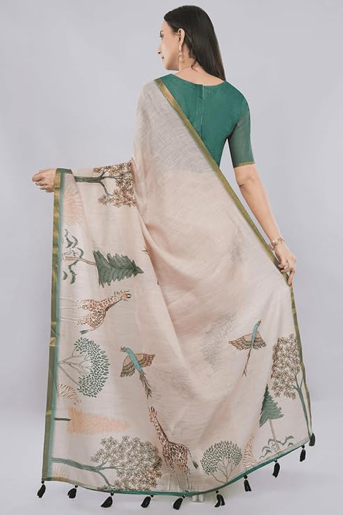 Vasthrlay Womens Off White 5 Botanical Printed Linen Saree With Self Woven Border And Unstitched Blouse Piece