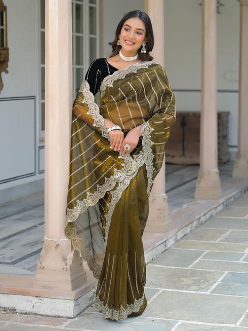 Vasthrlay Sequins Embroidery Turquoise Saree