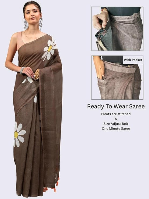 Vasthrlay Brown Womens Ready To Wear One Minute Linen Fabric Saree