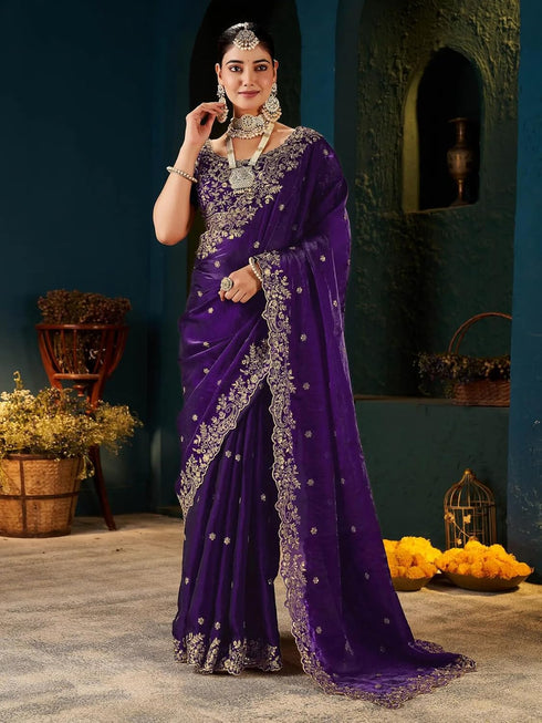 Vasthrlay Scalloped Embroidery Unstitched Rani Pink Saree