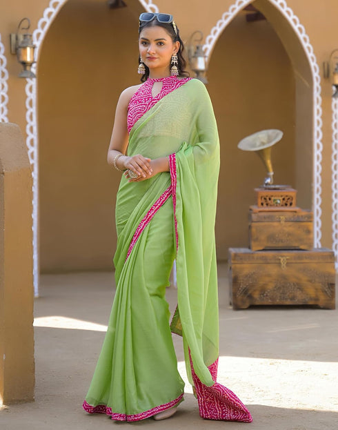 Vasthrlay Chiffon Bandhani Unstitched Light Green Saree