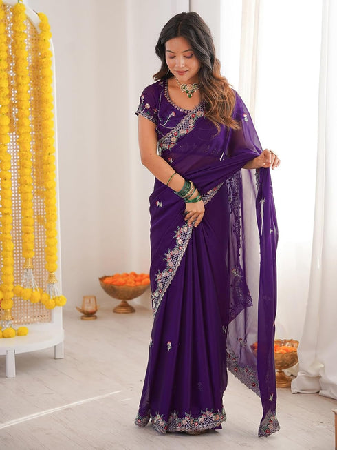 Vasthrlay Sequins Embroidery Green Saree