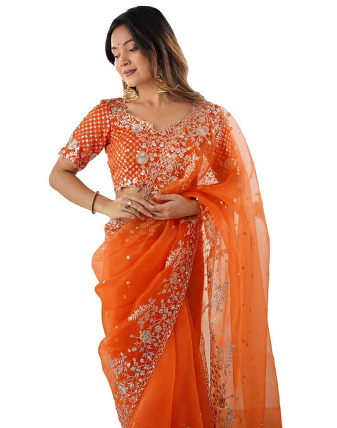 Vasthrlay Georgette Embroidery Mustard Mustard Yellow Saree