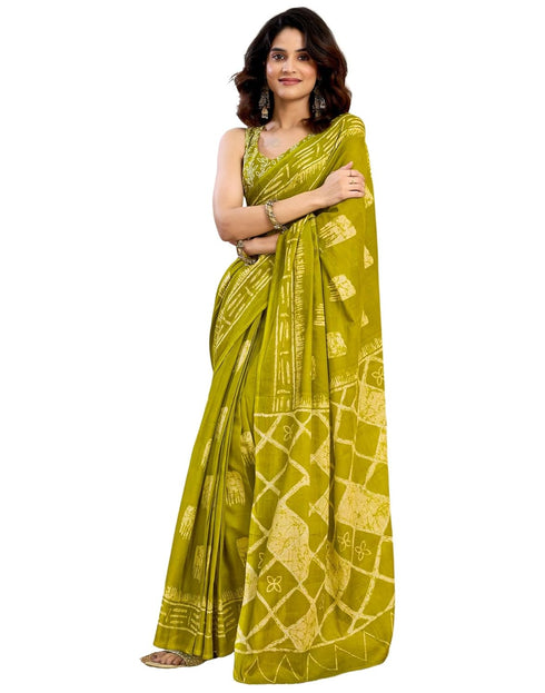 Vasthrlay Womens Printed Unstitched Dark Green Saree
