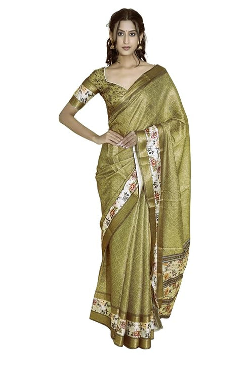 Vasthrlay Antique Gold Abstract Floral Polyester Saree With Zari Border And Ruched Unstitched Blouse Piece