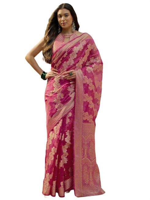 Vasthrlay Kanjivaram Jacquard Unstitched Pink Saree