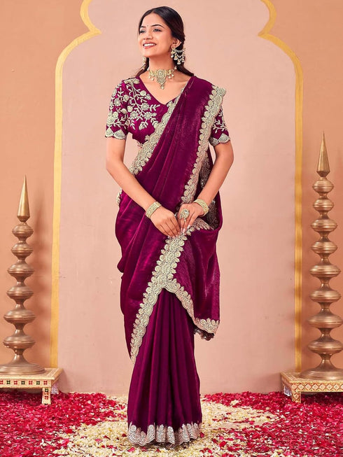 Vasthrlay Sequins Embroidery Unstitched Purple Saree
