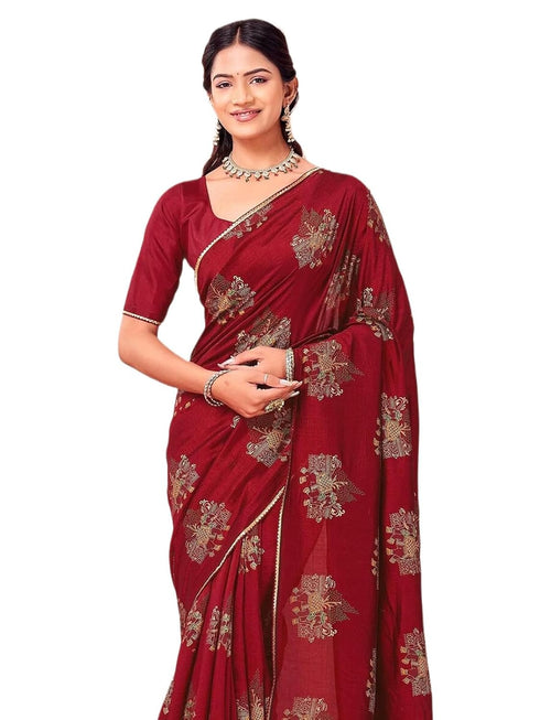Vasthrlay Vichitra Printed Unstitched Maroon Saree