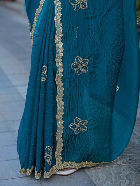 Vasthrlay Sequins Embroidery Peach Saree