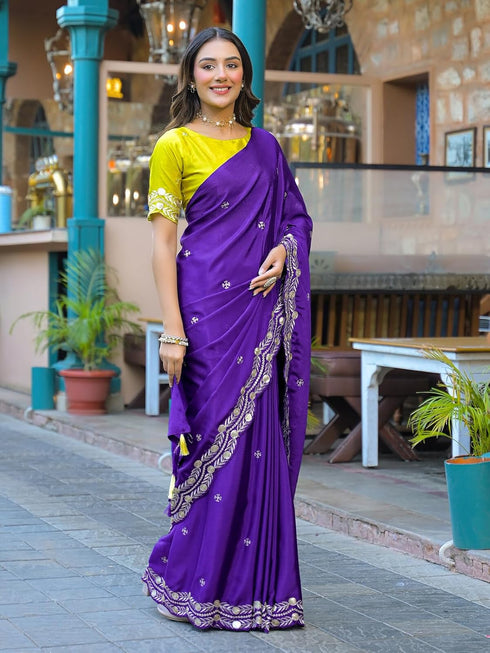 Vasthrlay Chinnon Embroidery Lime Saree