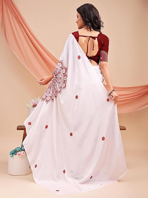Vasthrlay Printed Kaftan Freehand Maroon-White Bollywood Satin Saree with Unsticted Blouse Piece