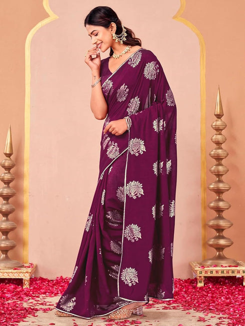 Vasthrlay Vichitra Printed Unstitched Rani Pink Saree