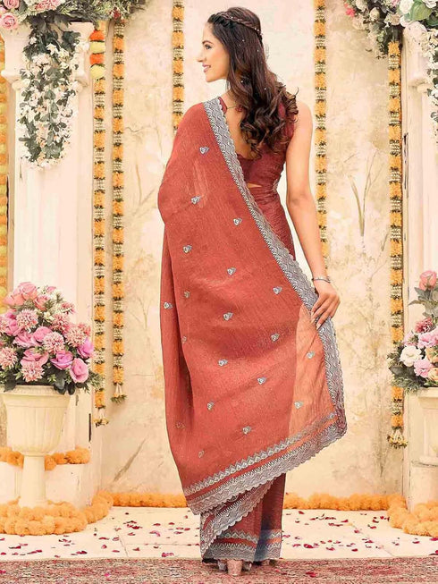 Vasthrlay Scalloped Embroidery Turquoise Saree