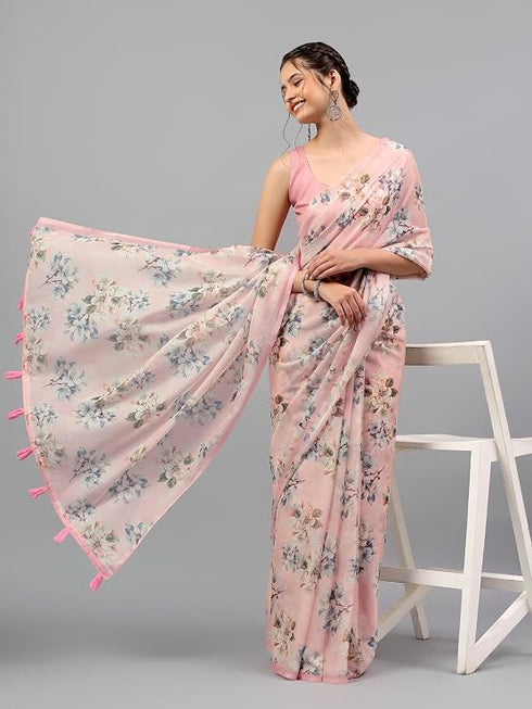 Vasthrlay Peach Pink Floral Printed Organza Saree With Unstitched Blouse