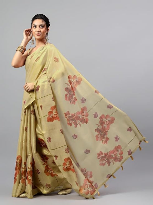 Vasthrlay Beige Floral And Solid Design Polyester Saree With Unstitched Blouse Piece