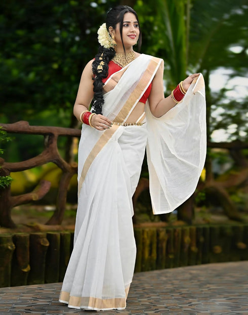 Vasthrlay Womens Unstitched Blouse White Saree