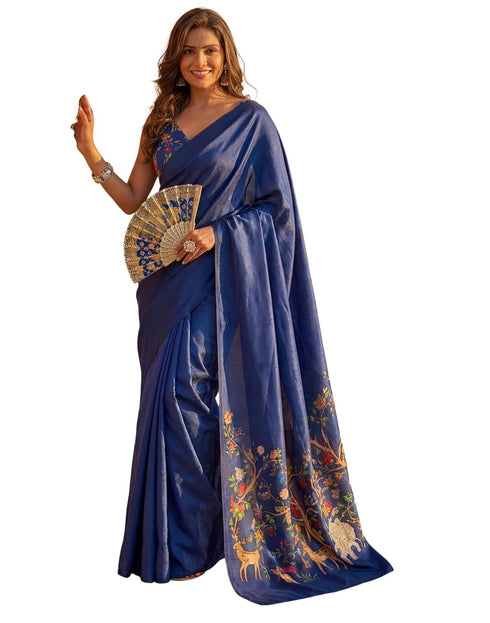 Vasthrlay Womens Printed Unstitched Navy Blue Saree