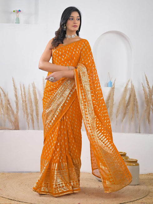 Vasthrlay Georgette Printed Orange Saree With Unstitched Blouse Piece