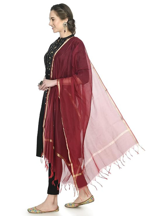 A R Silk Women's Golden Border Maroon Colour Chanderi Cotton Regular Dupattas