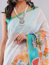 Vasthrlay Women'S Off White Chevron Printed Linen Saree With Unstitched Blouse