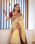 Vasthrlay Banarasi Jacquard Beige And Golden Saree With Red Unstitched Blouse Piece