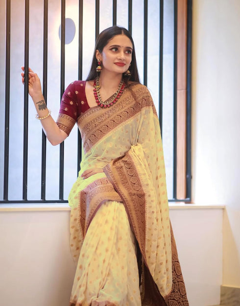 Vasthrlay Banarasi Jacquard Unstitched Off White Saree