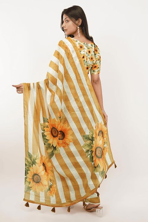 Vasthrlay Yellow Striped| Floral| Solid Print Design Linen Saree With Solid Unstitched Linen Blouse Piece