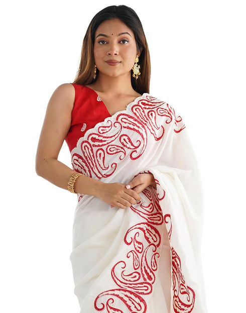 Vasthrlay Embroidery Scalloped Unstitched Off White Saree