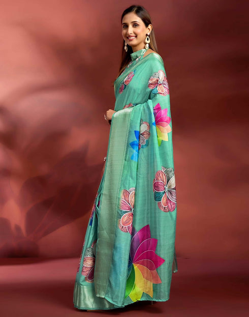 Vasthrlay Printed Jacquard Sea Green Saree With Unstitched Blouse Piece