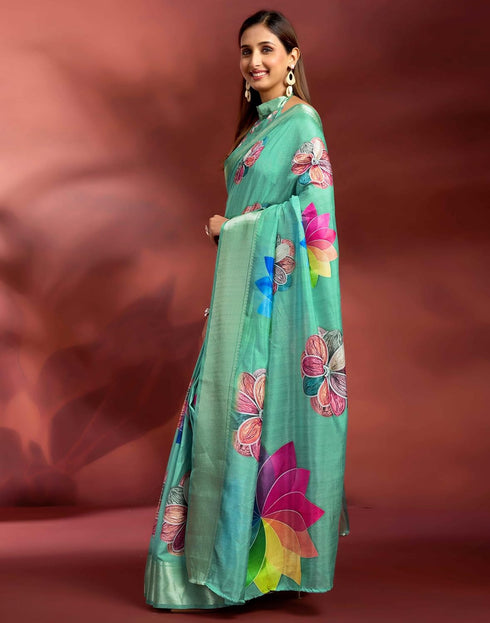 Vasthrlay Printed Jacquard Unstitched Rama Green Saree