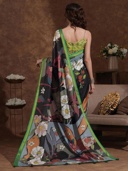 Vasthrlay Weaving Printed Black And Green Saree With Unstitched Blouse Piece