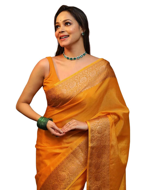 Vasthrlay Banarasi Kanjivaram Yellow Saree With Unstitched Blouse Piece