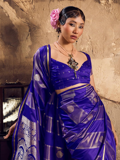 Vasthrlay Vasthrlaywomensbluesatinethnicmotifprinttasselsandlatkanssareewithunstitchedblousepiece Sareeforwoman Designersareeforwomen Rj Ethnic Wear
