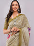 Vasthrlay Womens Beige Floral Digital Print Linen Saree With Unstitched Blouse Piece