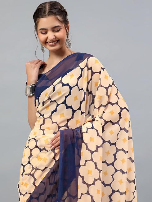 Vasthrlay Peach Brown Faux Georgette Ethnic Geometric Printed Saree With Unstitched Blouse