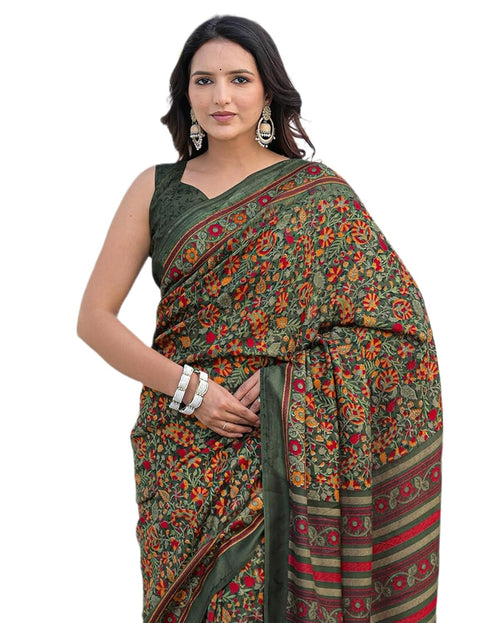Vasthrlay Womens Printed Unstitched Dark Green Saree