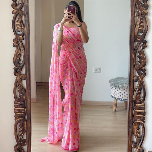 Vasthrlay Georgette Printed Unstitched Pink Free Ethnic Wear