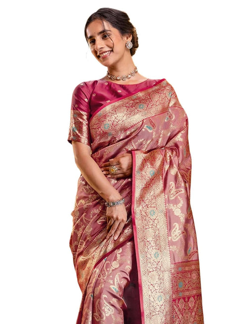 Vasthrlay Jacquard Banarasi Dark Dusty Pink Saree With Unstitched Blouse Piece