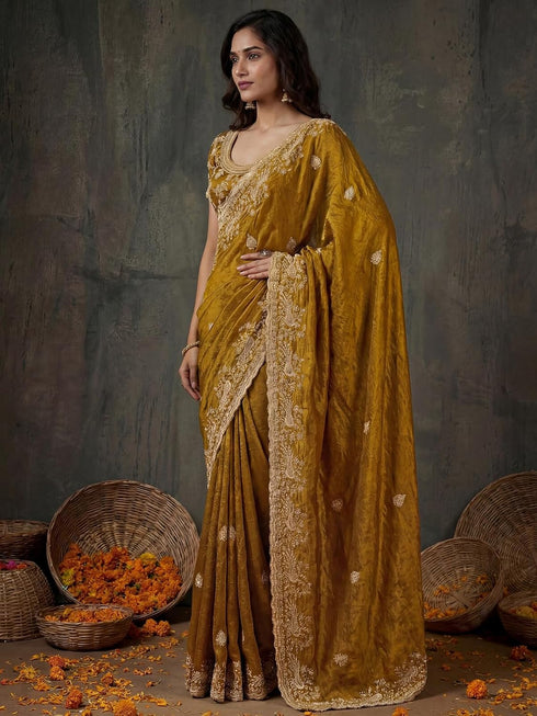 Vasthrlay Scalloped Embroidery Unstitched Dark Green Saree