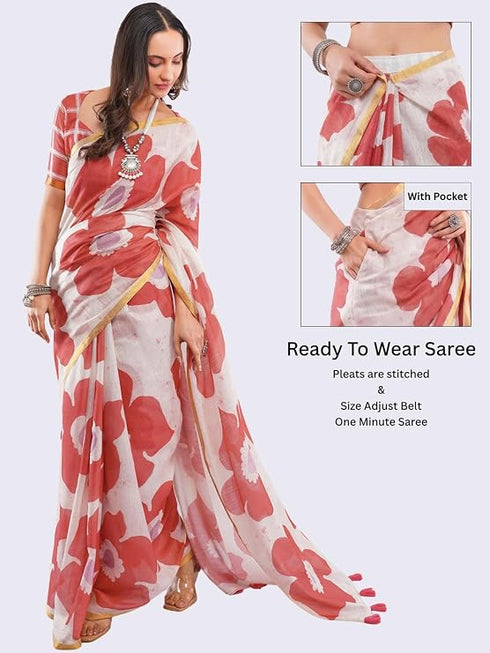 Vasthrlay Maroon Womens Floral Printed Ombre Ready To Wear One Minute Faux Georgette Saree