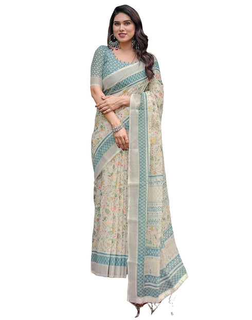 Vasthrlay Womens Printed Unstitched Light Green Saree