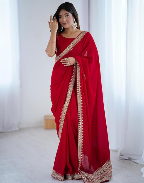 Vasthrlay Sequence Embroidery Unstitched Red Saree
