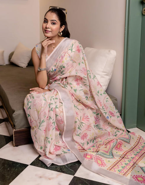 Vasthrlay Womens Printed Unstitched Cream Saree