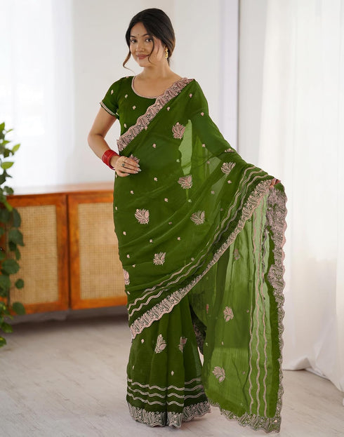 Vasthrlay Scalloped Embroidery Unstitched Lime Green Saree