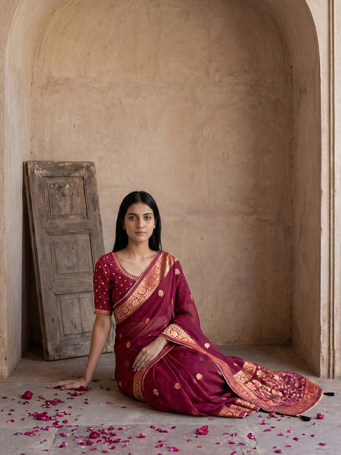 Vasthrlay Georgette Printed Unstitched Maroon Saree