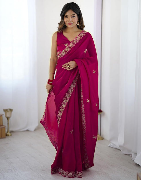Vasthrlay Scalloped Embroidery Unstitched Rani Pink Saree