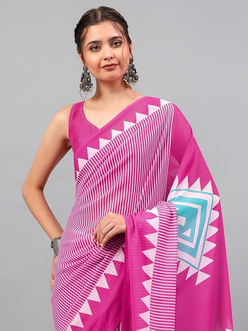 Vasthrlay Pink Floral| Solid| Striped Design Georgette Saree With Unstitched Blouse Piece
