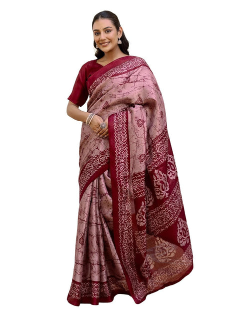 Vasthrlay Womens Printed Pink And Maroon Saree With Unstitched Blouse Piece